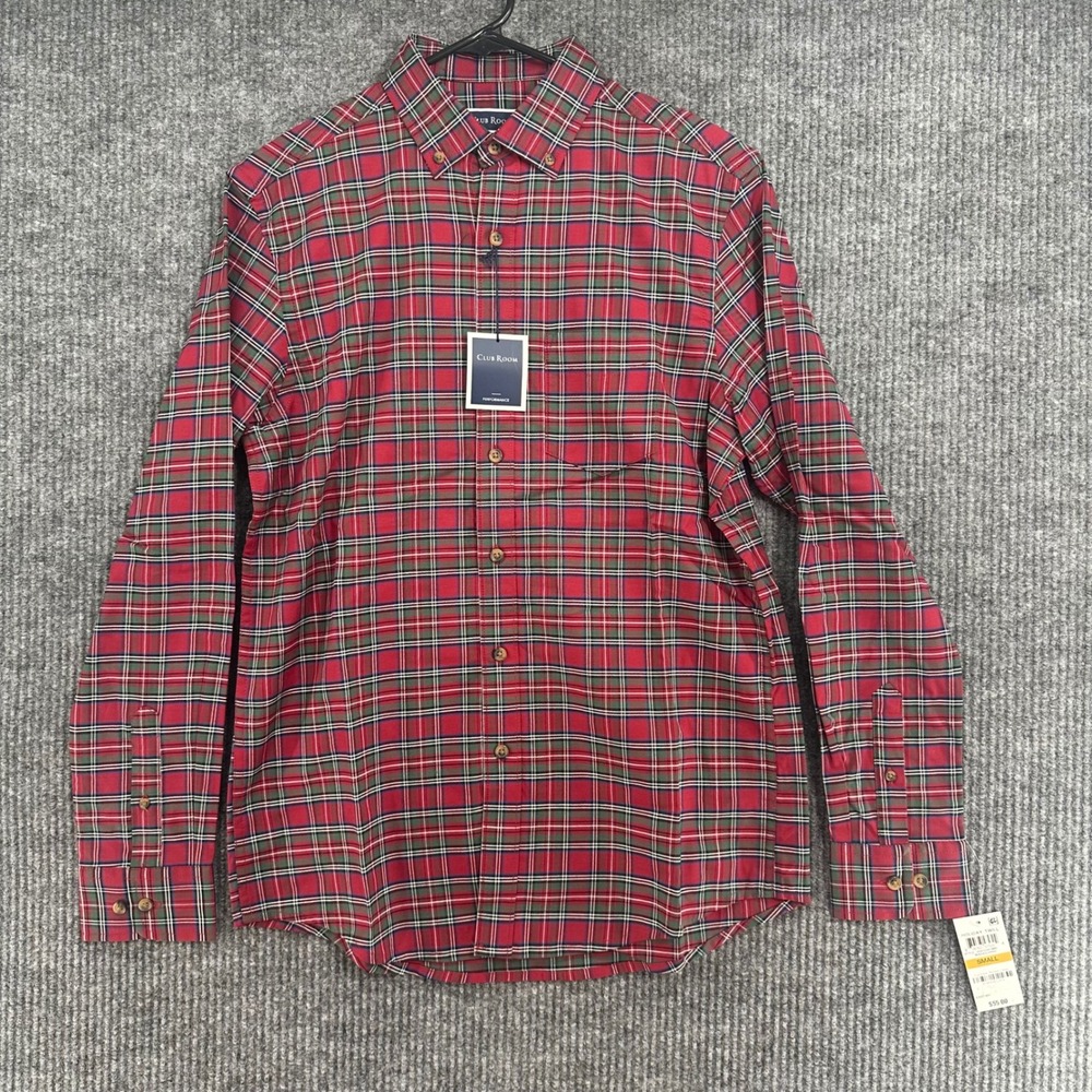 Club Room Performance Shirt Mens Small Red Plaid Holiday Twill NWT Long Sleeve
